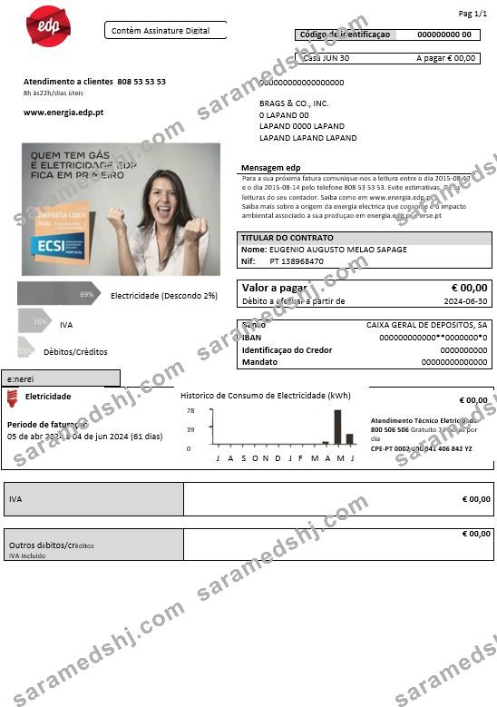 Portugal EDP electricity business utility bill template in Word and PDF formats